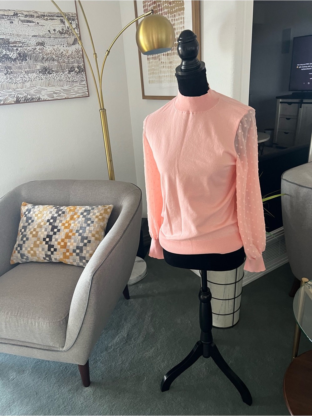 ANTONIO MELANI Light Pink Sweater with Sheer Dotted Sleeves